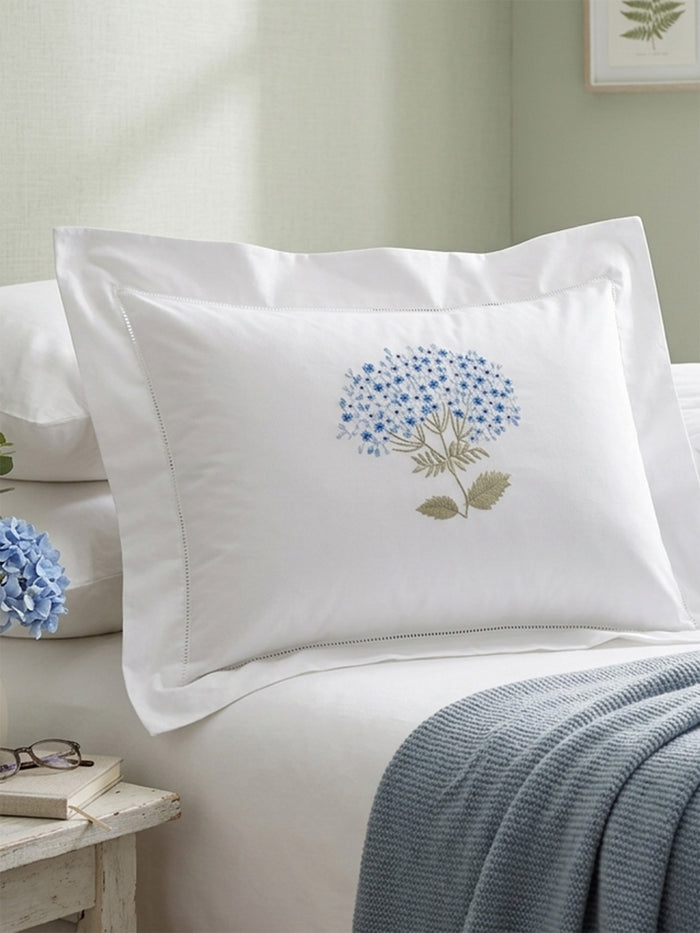Boudoir Pillow Cover, Embroidered with Hem Stitch - Hydrangea (Blue/Sage)