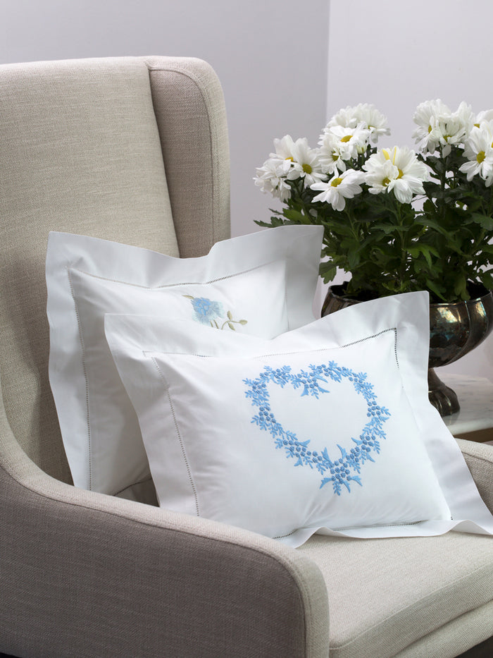 Boudoir Pillow Cover, Embroidered with Hem Stitch - Hydrangea (Blue/Sage)