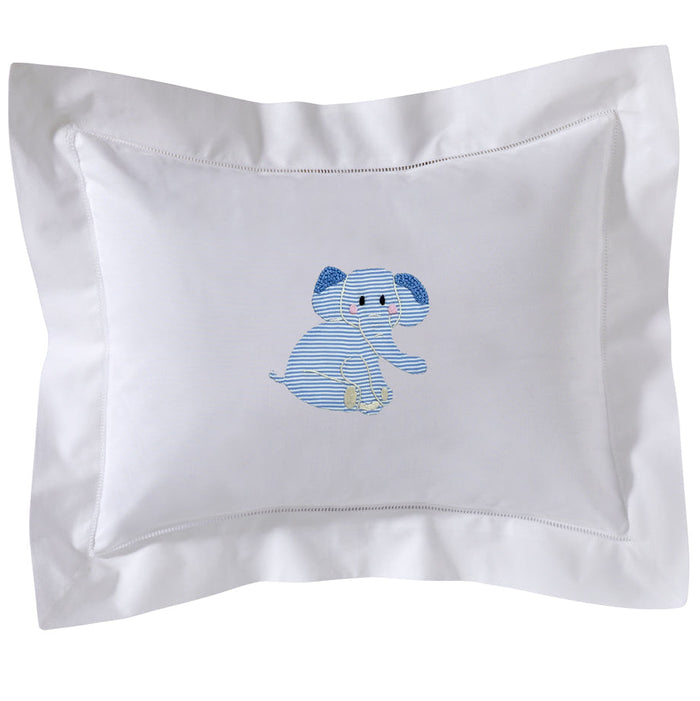 White pillowcase with a blue elephant design on a white background