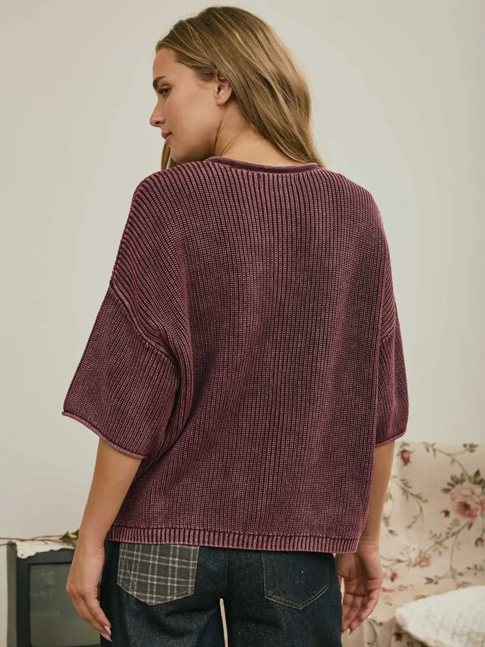 Burgundy Washed Ribbed Short Sleeve Rolled Edge Cardigan