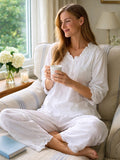 Caroline White Cotton Pajamas, Embroidered