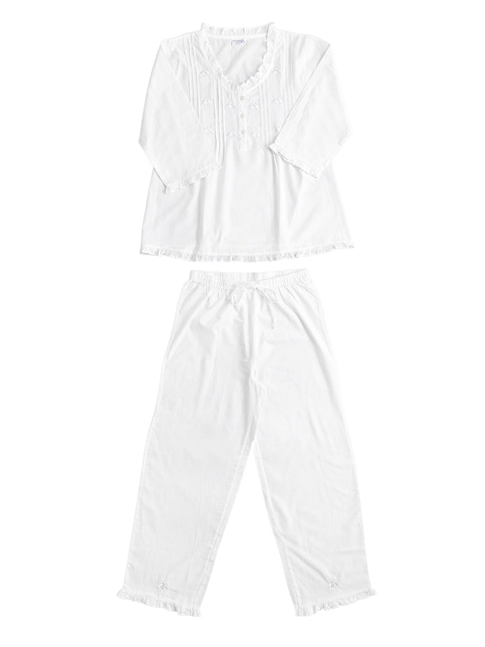 Caroline White Cotton Pajamas, Embroidered