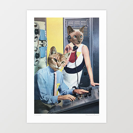 Cat Espionage surreal art print vertical — a tabby cat in a light blue shirt pink tie and yellow security badge operating a teletype machine and a Siamese cat in a white red dress holding a black telephone receiver standing beside reel-to-reel surveillance equipment in a 1960s Cold War government intelligence operations centre, surreal retro kitsch cat spy art print for home offices creative studios and eclectic interiors