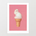 Cat Ice Cream Pink art print — fluffy white Persian cat sitting on a golden waffle cone against millennial pink background, kawaii surreal cat wall art for cat lovers and pastel interiors