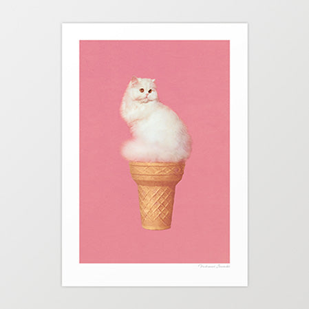 Cat Ice Cream Pink art print — fluffy white Persian cat sitting on a golden waffle cone against millennial pink background, kawaii surreal cat wall art for cat lovers and pastel interiors