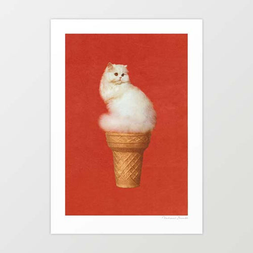 Surreal art print of a fluffy white Persian cat perched on an ice cream cone against a vivid red background — whimsical cat wall art