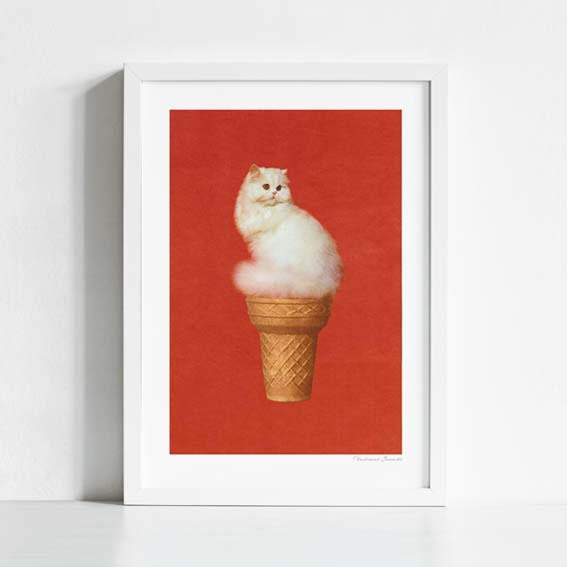 Close-up detail of Cat Ice Cream Red art print — Persian cat on ice cream cone, playful pop art wall decor for bedrooms and cat lovers