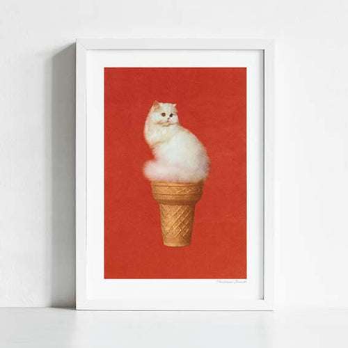 Close-up detail of Cat Ice Cream Red art print — Persian cat on ice cream cone, playful pop art wall decor for bedrooms and cat lovers