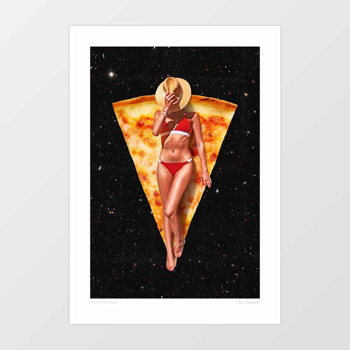 Retro cowgirl in red swimwear and wide-brimmed hat reclining on a giant golden cheese pizza slice floating in a deep black star-filled galaxy — surreal pizza wall art, cosmic cowgirl art print
