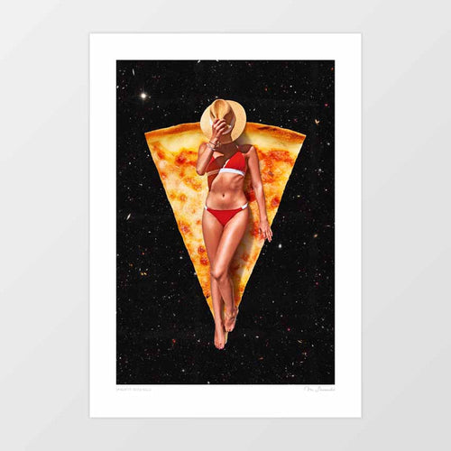 Retro cowgirl in red swimwear and wide-brimmed hat reclining on a giant golden cheese pizza slice floating in a deep black star-filled galaxy — surreal pizza wall art, cosmic cowgirl art print