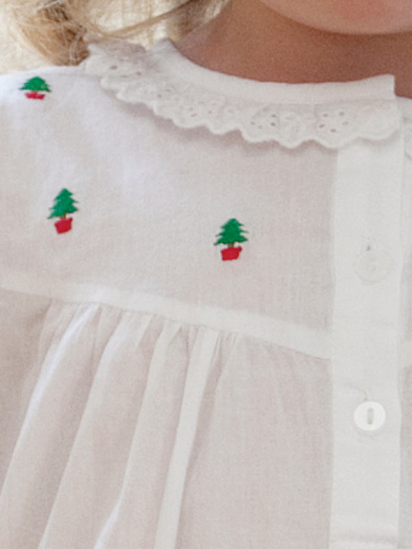 Christmas (Girls) White Cotton Dress, Embroidered