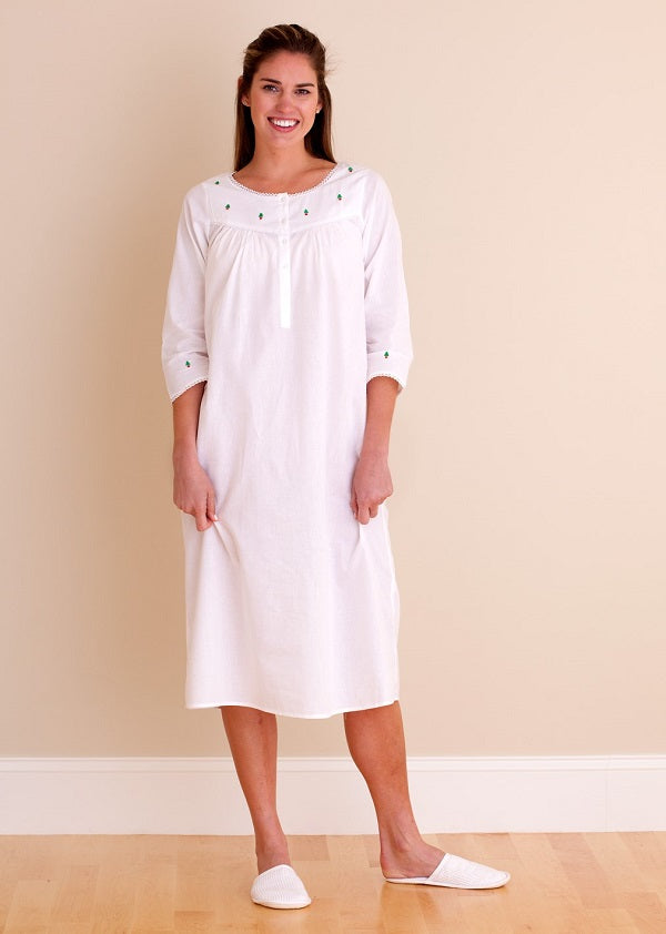 Christmas White Cotton Nightgown, Embroidered