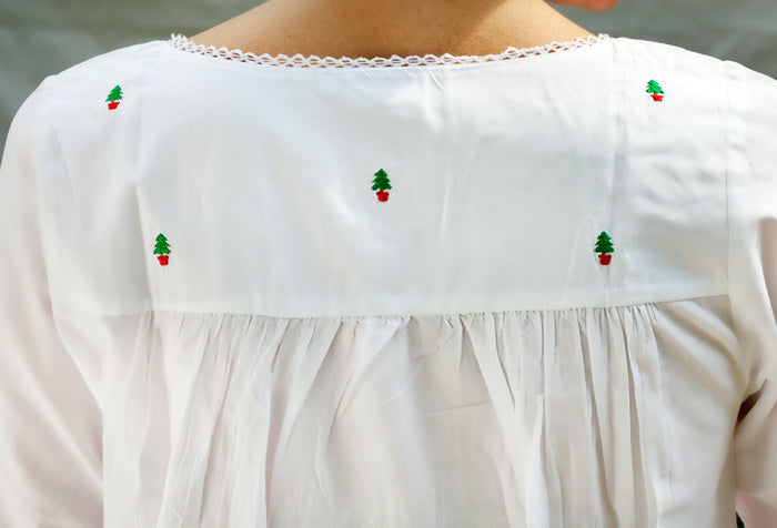 Christmas White Cotton Nightgown, Embroidered