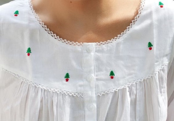 Christmas White Cotton Nightgown, Embroidered