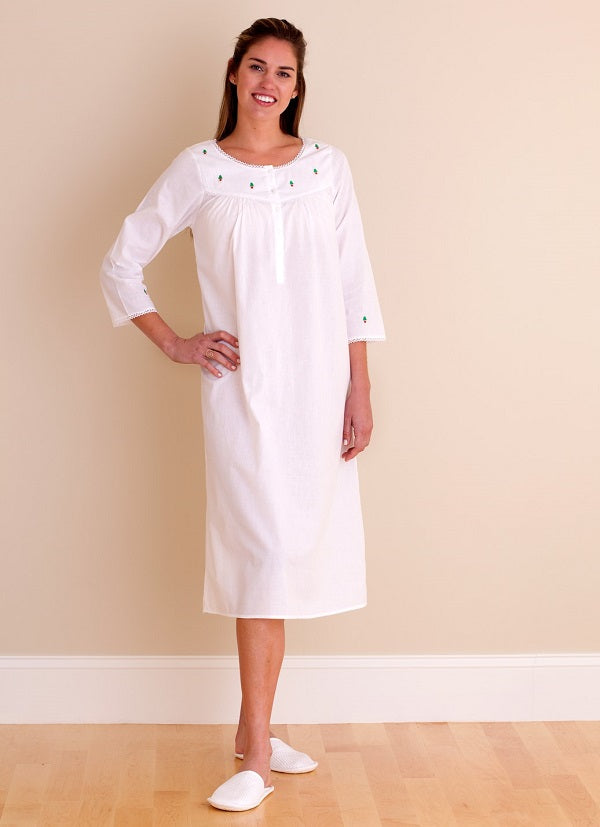 Christmas White Cotton Nightgown, Embroidered