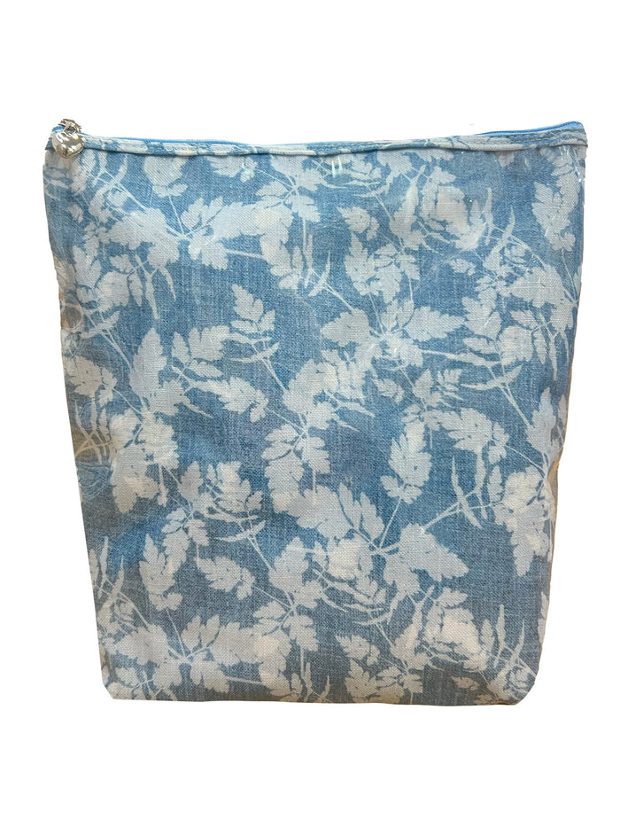 Floral patterned pouch with a zipper on a white background