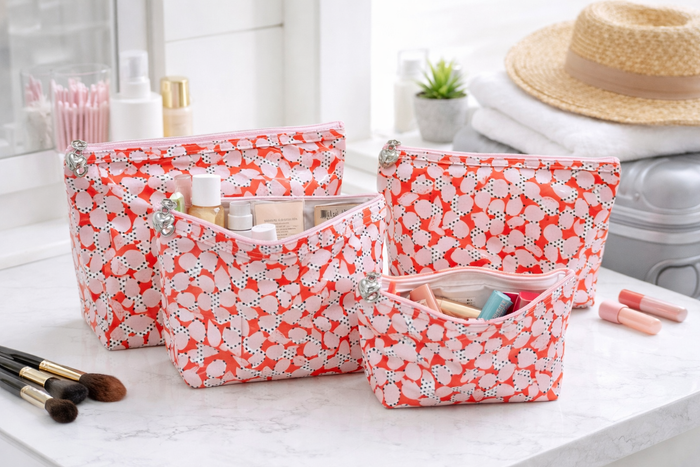 Set of three floral-patterned makeup bags on a bathroom counter with various items.