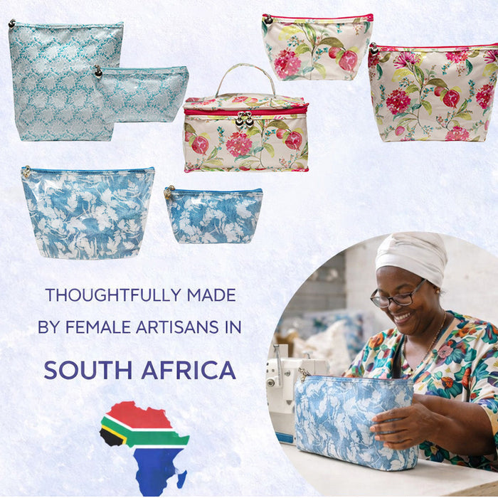 Floral and patterned bags with a woman working on a craft project, set against a white background.