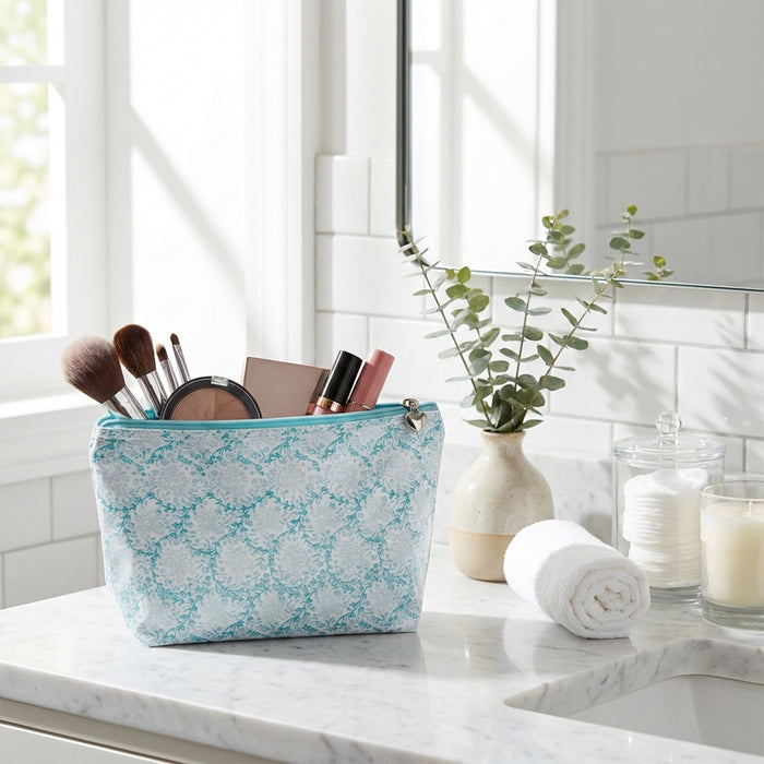 Cosmetic Bag (Medium), Cotton/Waterproof PVC, Aqua Trellis