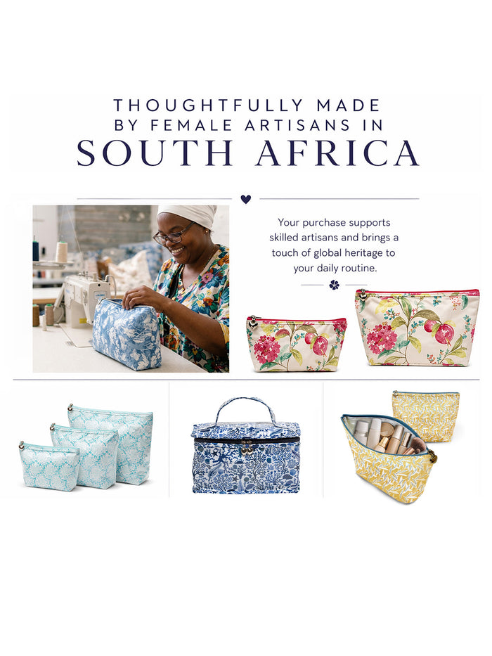 Floral and patterned bags with a woman working, text about female artisans in South Africa.