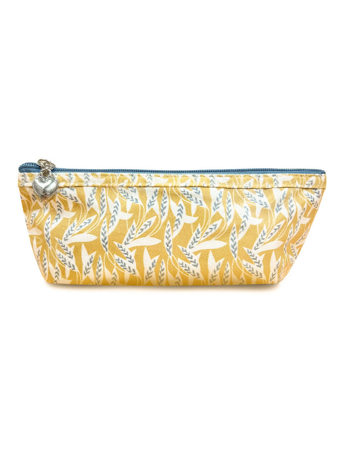 Yellow pouch with leaf pattern on a white background