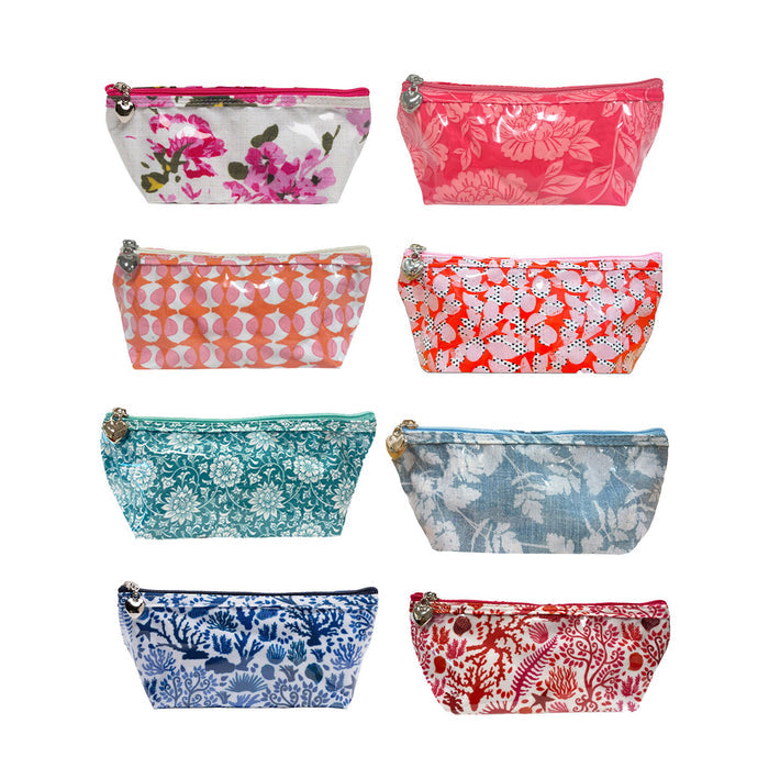Set of eight floral-patterned pouches in various colors on a white background