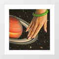 Surreal art print of a hand gliding across Saturn's rings like a turntable in a starfield. Retro space music wall decor for DJs, music lovers & creatives
