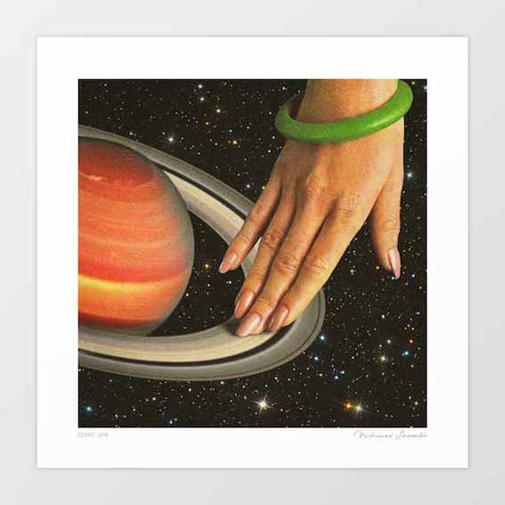 Surreal art print of a hand gliding across Saturn's rings like a turntable in a starfield. Retro space music wall decor for DJs, music lovers & creatives