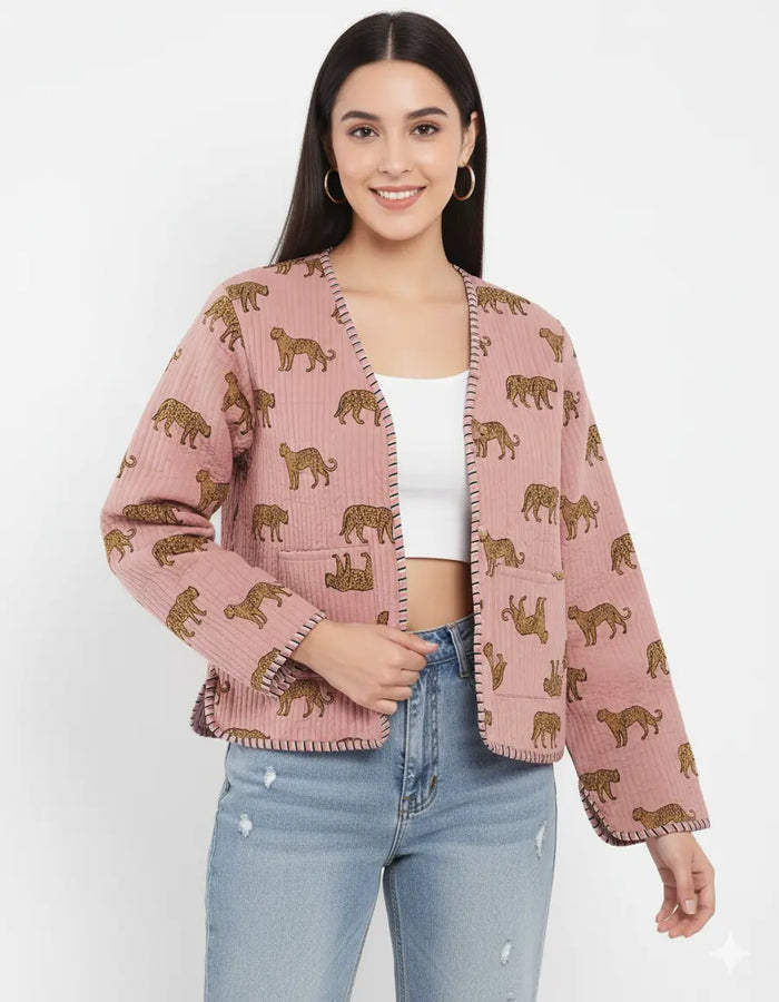 Cotton Leopard Print Quilted Short Jacket Peach Women Lightweight Biker Jacket Perfect for Winter wear Handicraft Trend