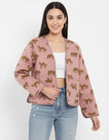 Cotton Leopard Print Quilted Short Jacket Peach Women Lightweight Biker Jacket Perfect for Winter wear Handicraft Trend