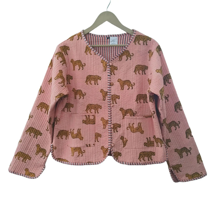 Cotton Leopard Print Quilted Short Jacket Peach Women Lightweight Biker Jacket Perfect for Winter wear Handicraft Trend