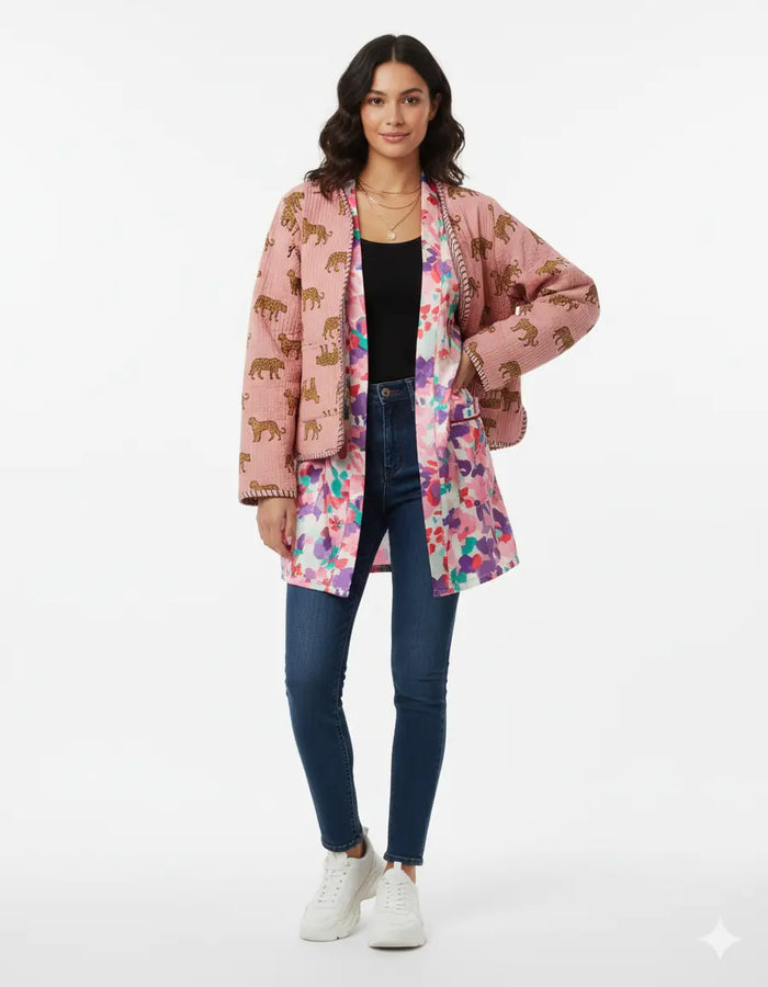 Cotton Leopard Print Quilted Short Jacket Peach Women Lightweight Biker Jacket Perfect for Winter wear Handicraft Trend