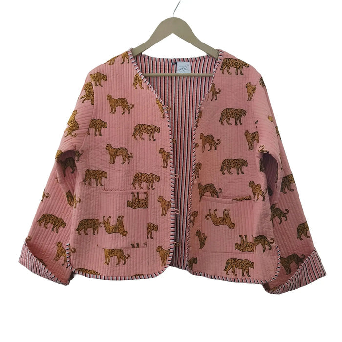 Cotton Leopard Print Quilted Short Jacket Peach Women Lightweight Biker Jacket Perfect for Winter wear Handicraft Trend