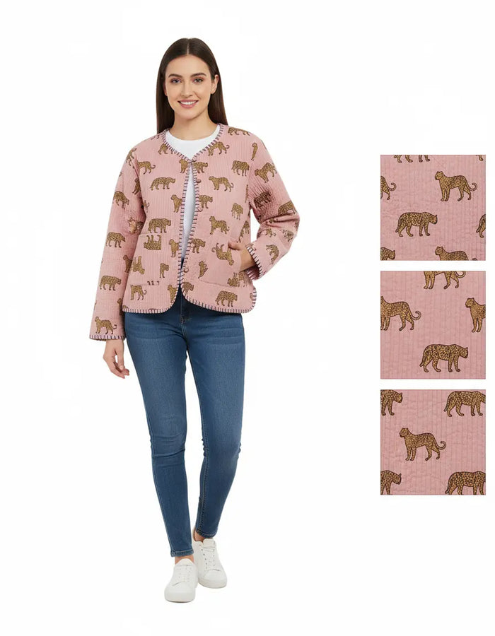 Cotton Leopard Print Quilted Short Jacket Peach Women Lightweight Biker Jacket Perfect for Winter wear Handicraft Trend
