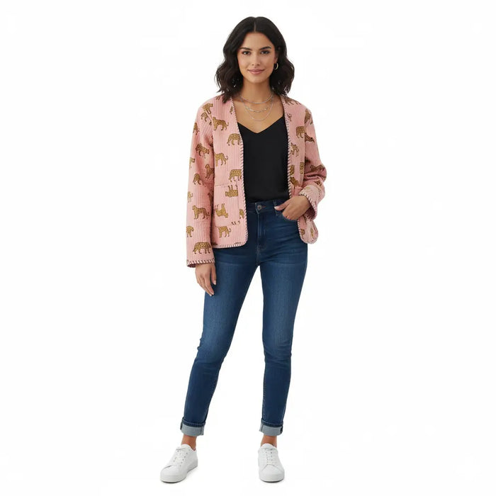 Cotton Leopard Print Quilted Short Jacket Peach Women Lightweight Biker Jacket Perfect for Winter wear Handicraft Trend