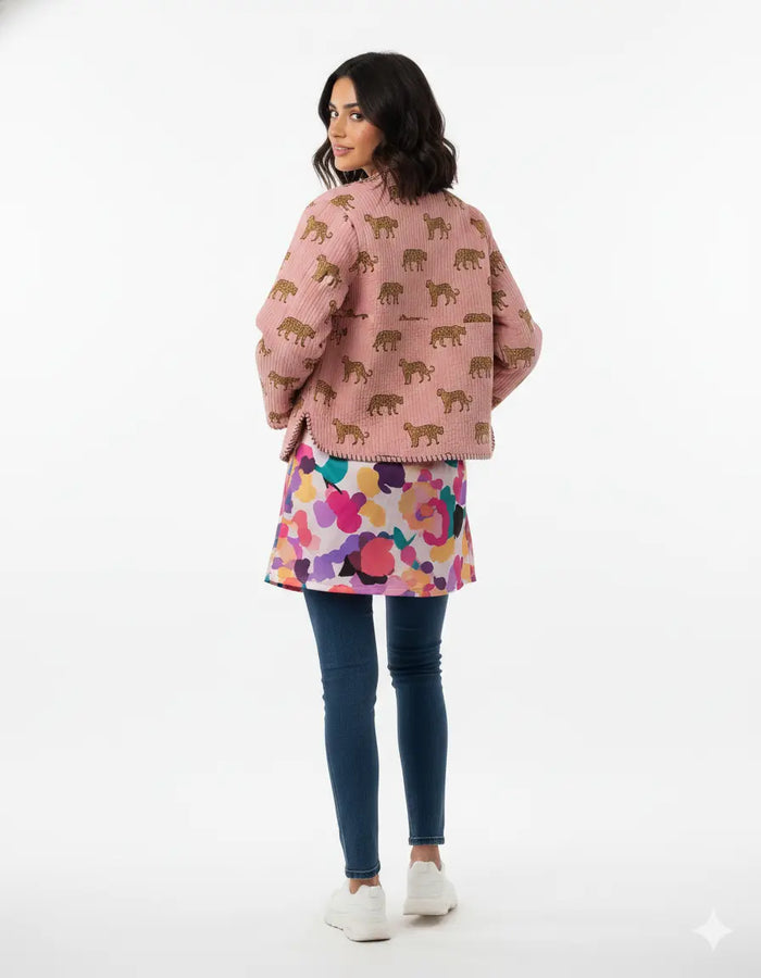 Cotton Leopard Print Quilted Short Jacket Peach Women Lightweight Biker Jacket Perfect for Winter wear Handicraft Trend