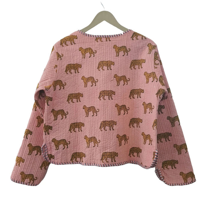 Cotton Leopard Print Quilted Short Jacket Peach Women Lightweight Biker Jacket Perfect for Winter wear Handicraft Trend