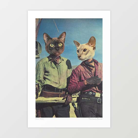 Surreal collage art print of two vintage cowboys with cat heads in mid-century tones — funny quirky western cat wall art