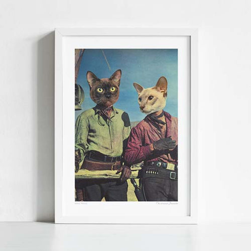 Close-up detail of Cowboy Cats Double Trouble art print — retro western cowboys with cat heads, bold humorous wall decor for eclectic interiors