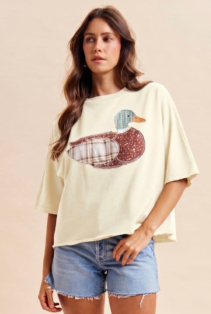 Cream Mallard Duck Patchwork Dolman Sleeve Knit Top