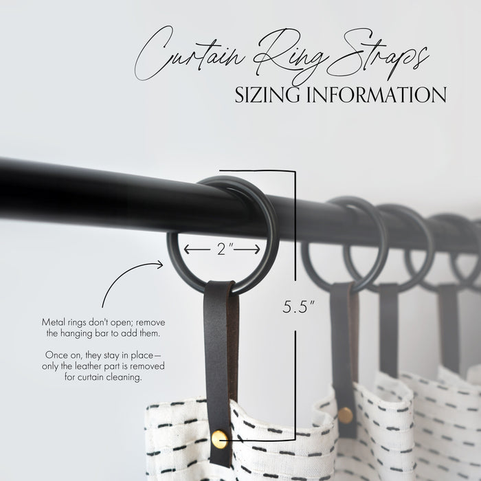 Detailed sizing guide for Keyaiira leather shower curtain hangers showing leather loop length and ring diameter, illustrating how the hangers extend curtain drop for higher or curved shower rods.