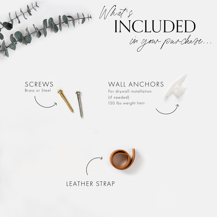 Keyaiira leather wall strap kit including screws, wall anchors, and genuine leather strap — complete hardware set for curtain tie-back installation.