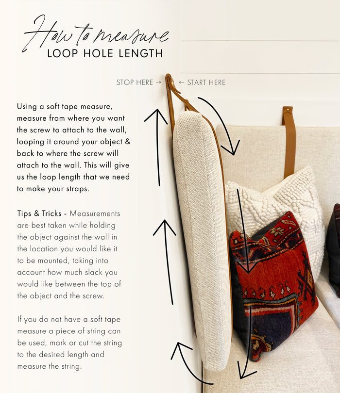 How to measure guide for Keyaiira custom wall straps showing how to measure loop hole length for handcrafted leather straps.