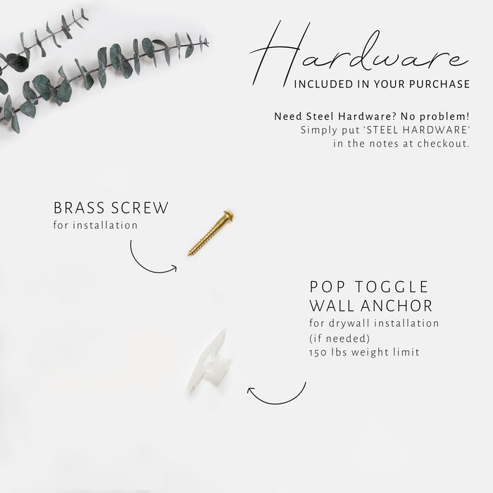 Keyaiira hardware guide showing included brass screw and pop toggle wall anchor installation hardware for handcrafted leather straps.