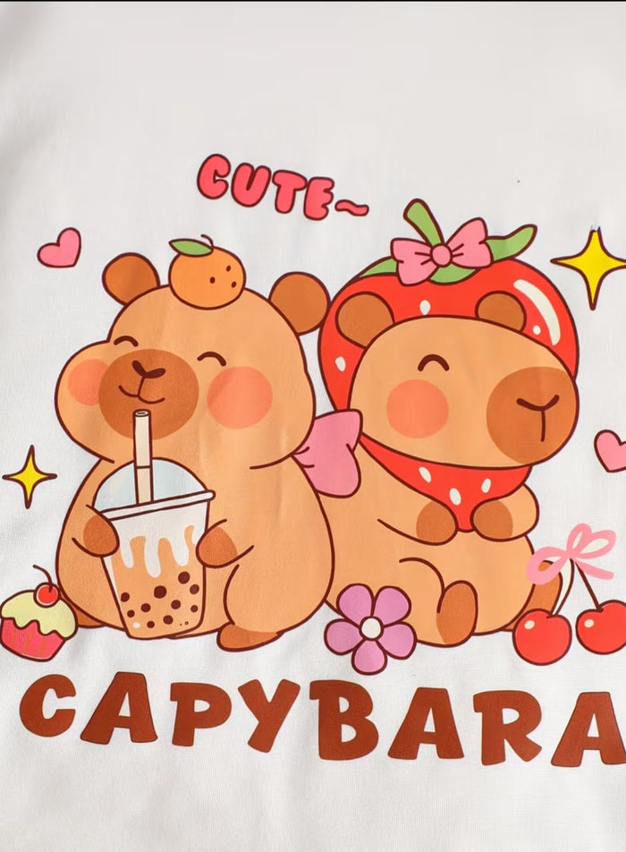 "CUTE~ CAPYBARA" Capybara Animal Print T-Shirt with Brown Shorts,