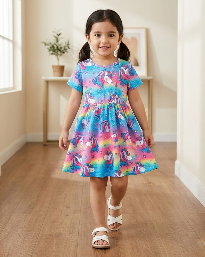 Cute Unicorn Rainbow Print Round Neck Short Sleeve Waist-Cut Dress