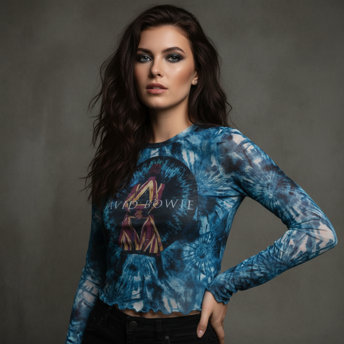 David Bowie Ladies Long Sleeve Mesh Crop Top: Live & Well