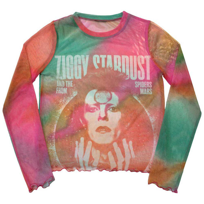 David Bowie Ladies Long Sleeve Mesh Crop Top: Ziggy v2