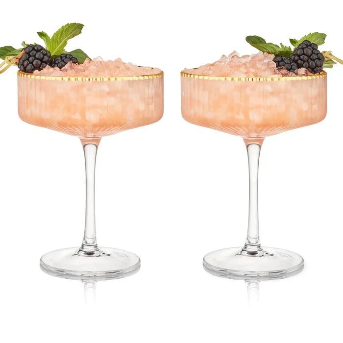 Deco Meridian Gold Rimmed Crystal Coupe Glasses Set of 2