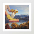 Surreal art print of rubber-gloved hands cleaning a pristine lake with a spray bottle and cloth. Witty environmental commentary wall art